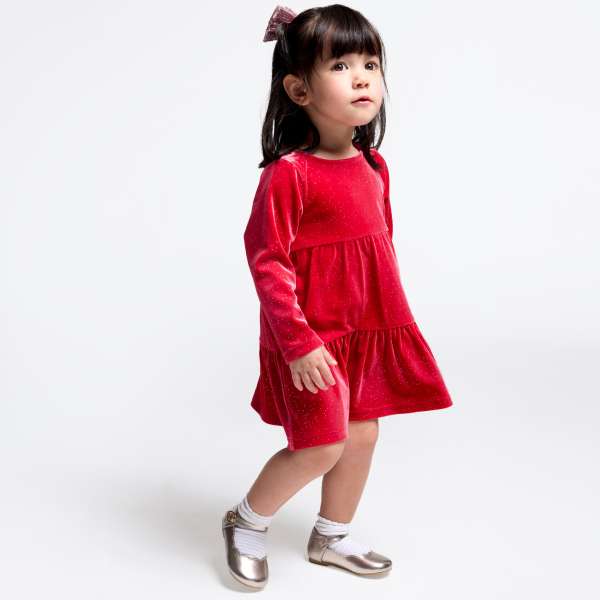 فستان مخملي للحفلات باللون الأحمر للفتيات الصغيرات